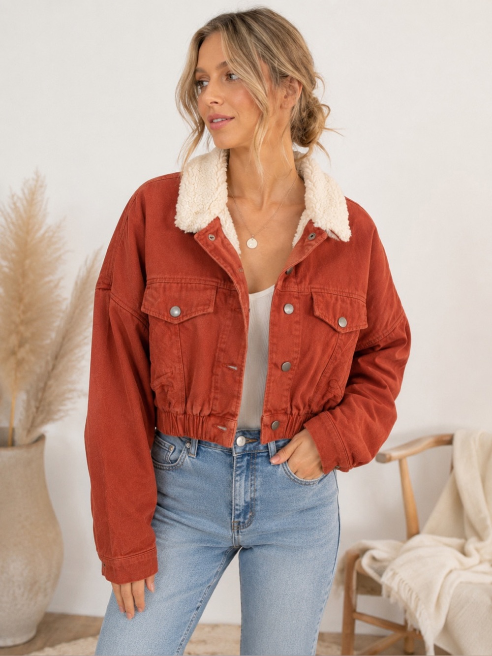 Favlux Rust Sherpa Lined Cropped Jacket‎